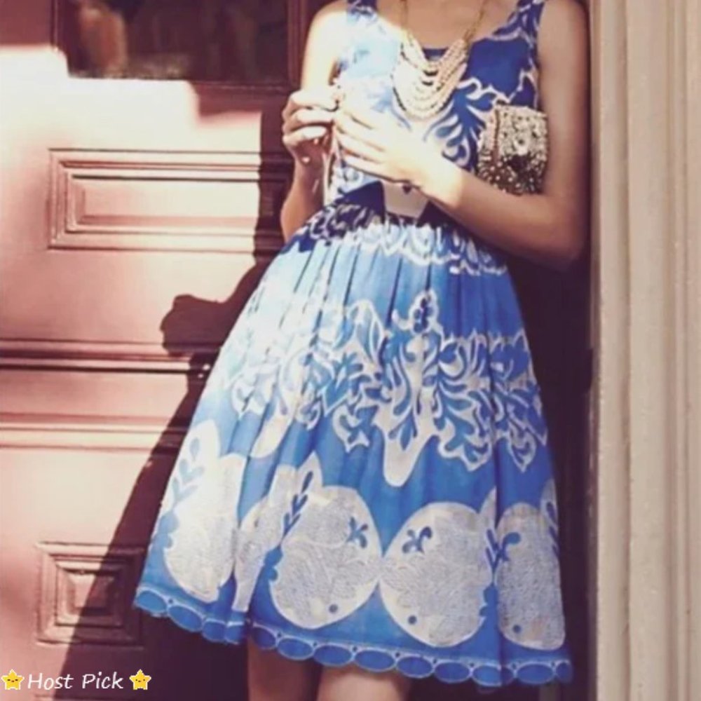 Blue Fleur-de-Lis Keyhole Dress - Plenty by Tracy Reese (US 10)❧